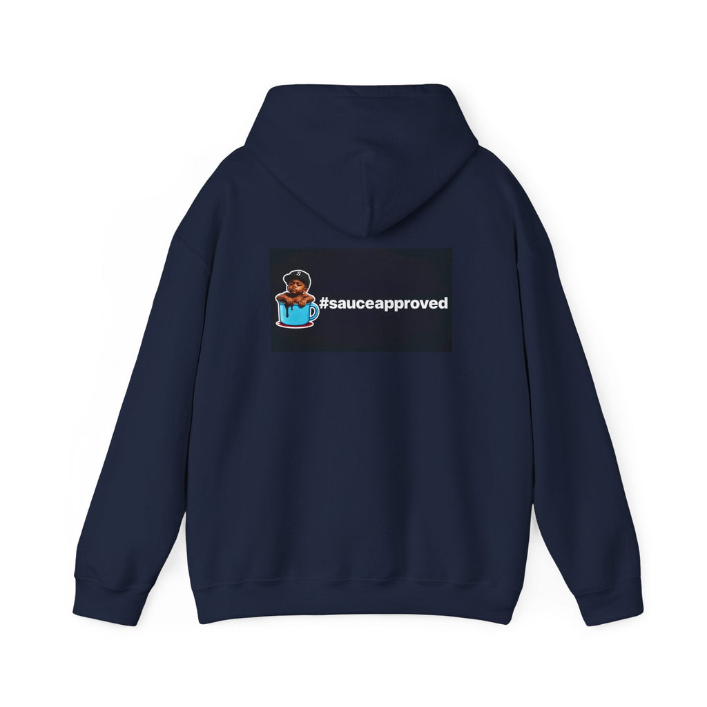 Navy SauceApproved hoodie, back with boy-in-the-cup and #sauceapproved artwork