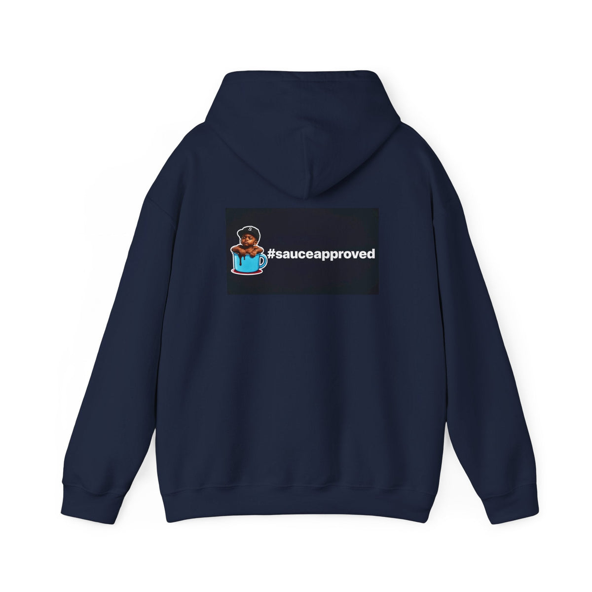 Navy SauceApproved hoodie, back with boy-in-the-cup and #sauceapproved artwork