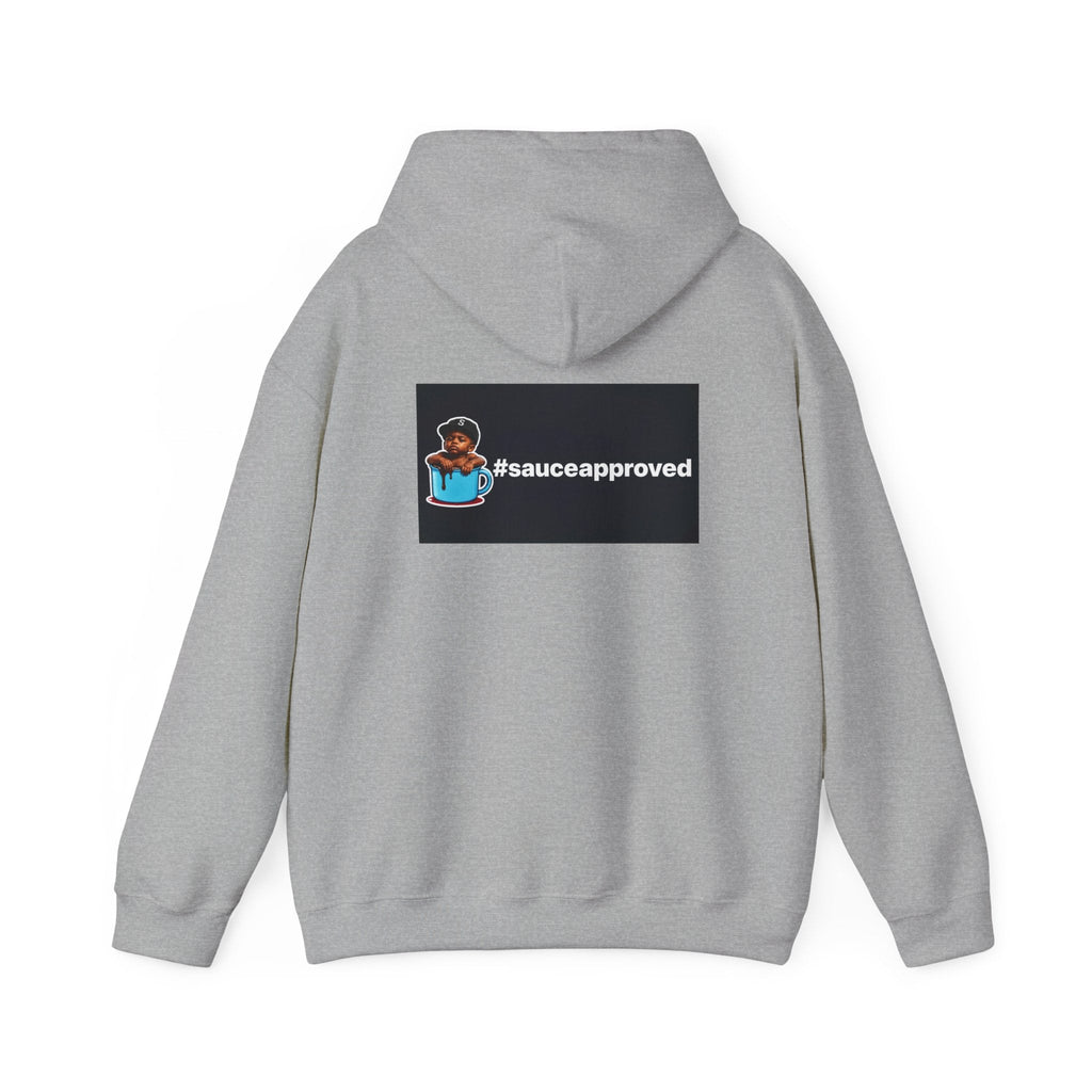 Sport Grey SauceApproved hoodie, back with boy-in-the-cup and #sauceapproved artwork