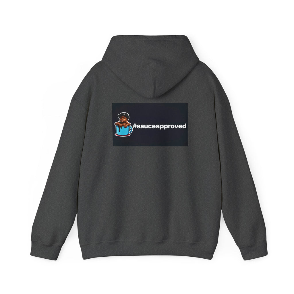 Dark Heather SauceApproved hoodie, back with boy-in-the-cup and #sauceapproved artwork