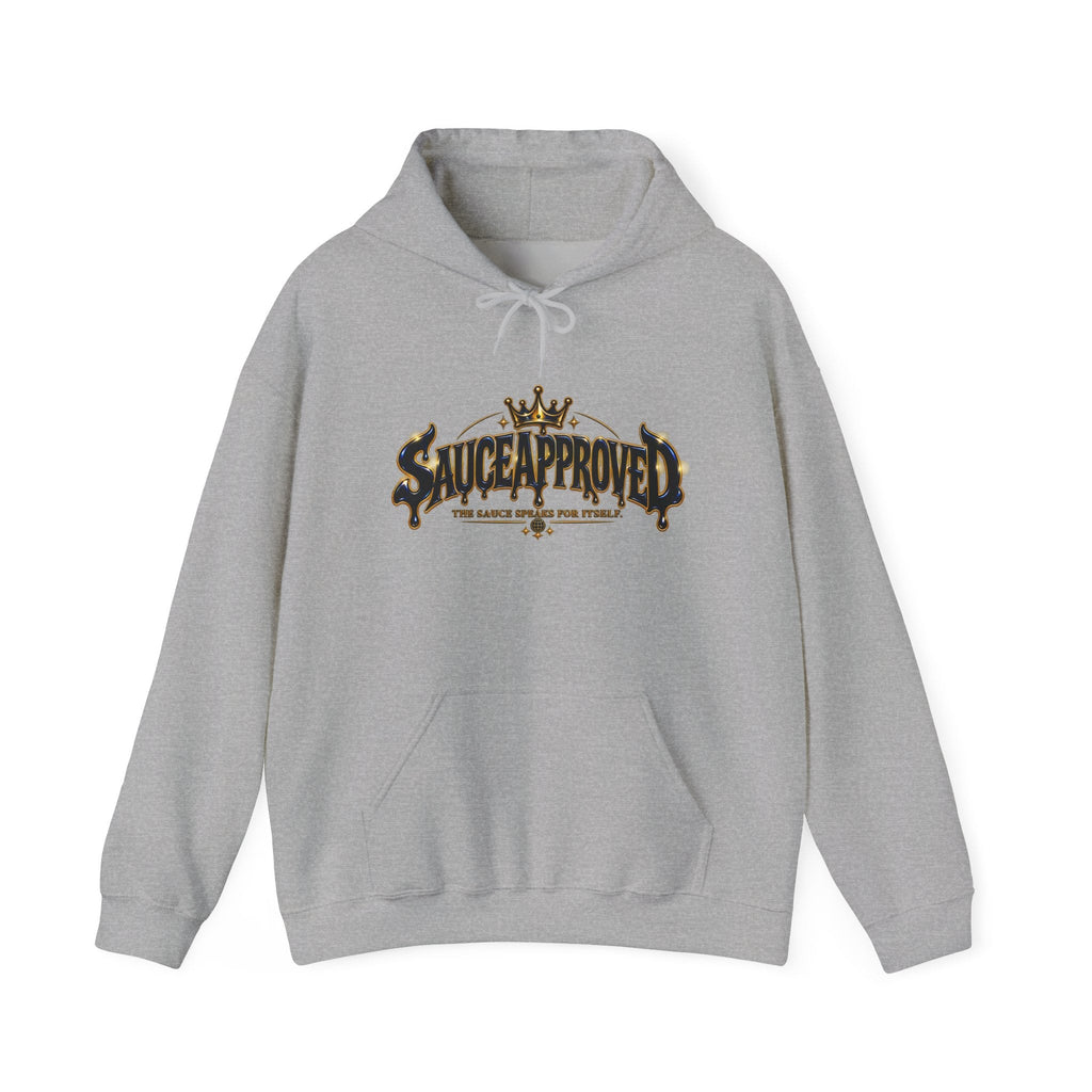 Sport Grey SauceApproved hoodie, front with crowned wordmark graphic