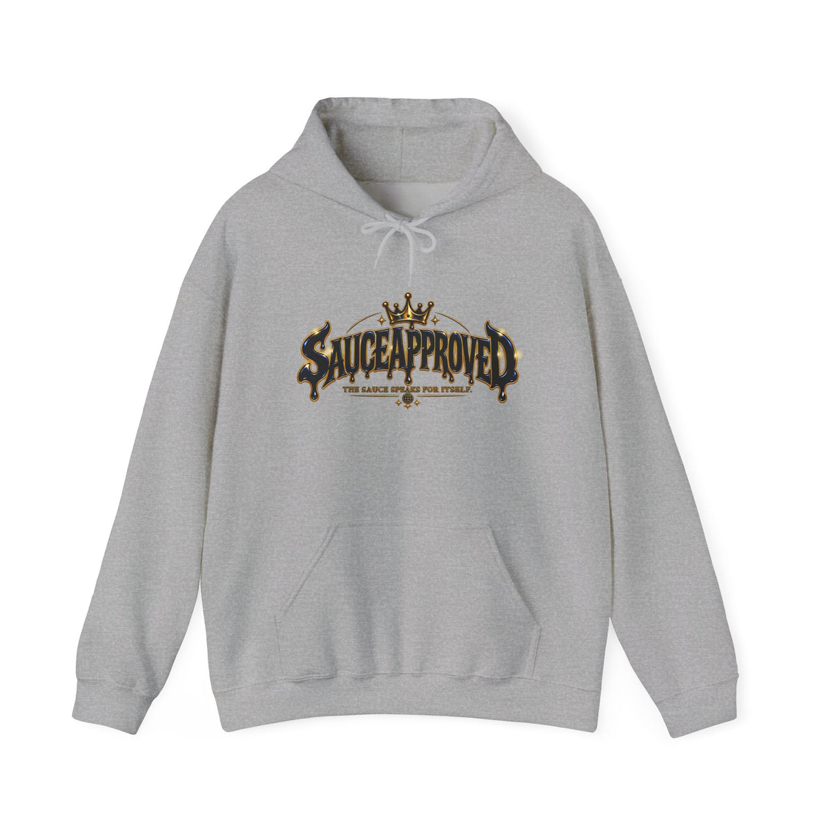 Sport Grey SauceApproved hoodie, front with crowned wordmark graphic