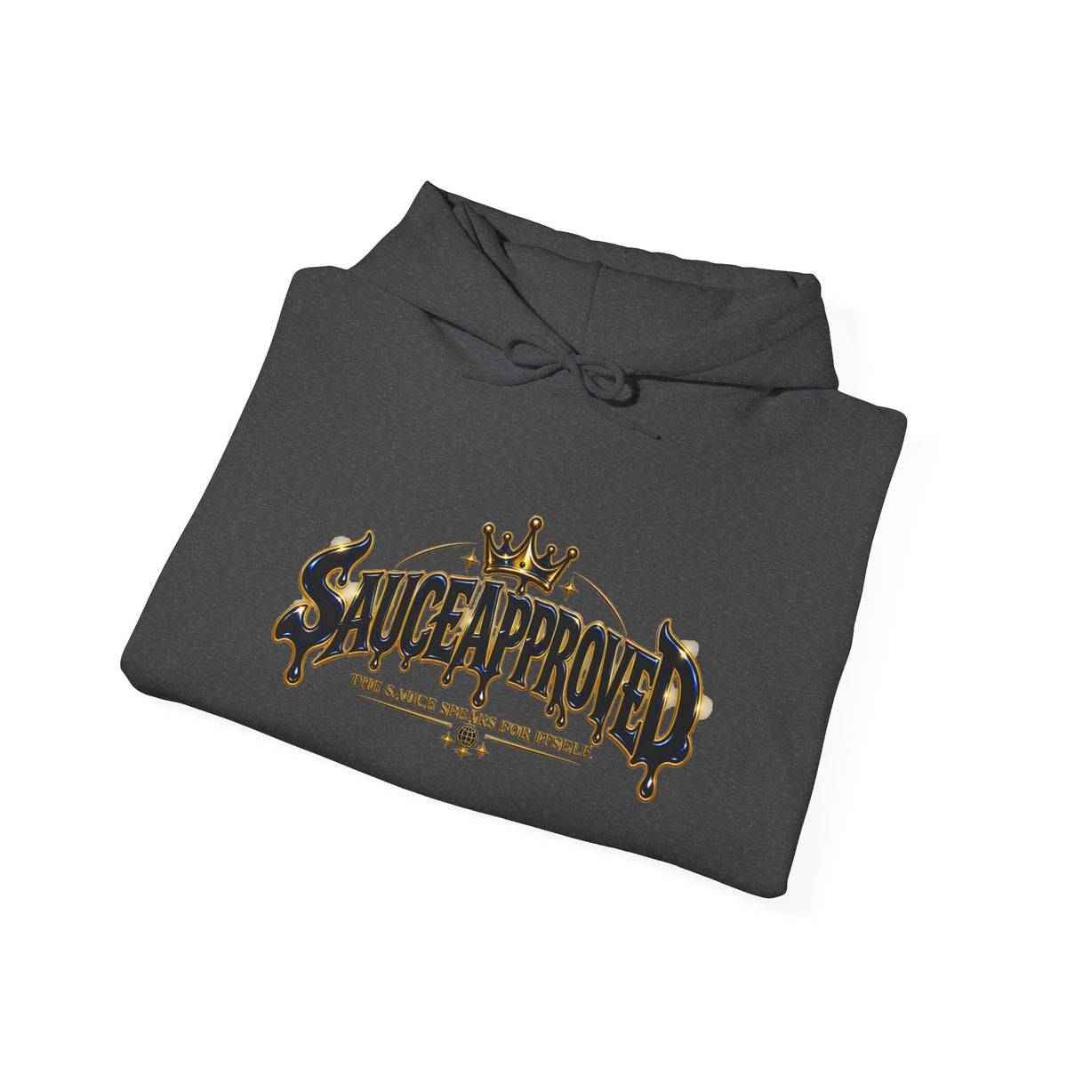 Folded Dark Heather SauceApproved hoodie showing front wordmark