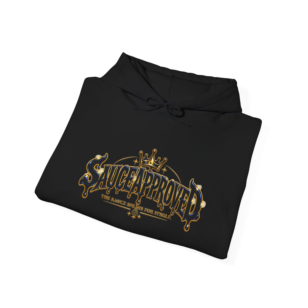 Folded black SauceApproved hoodie showing front wordmark