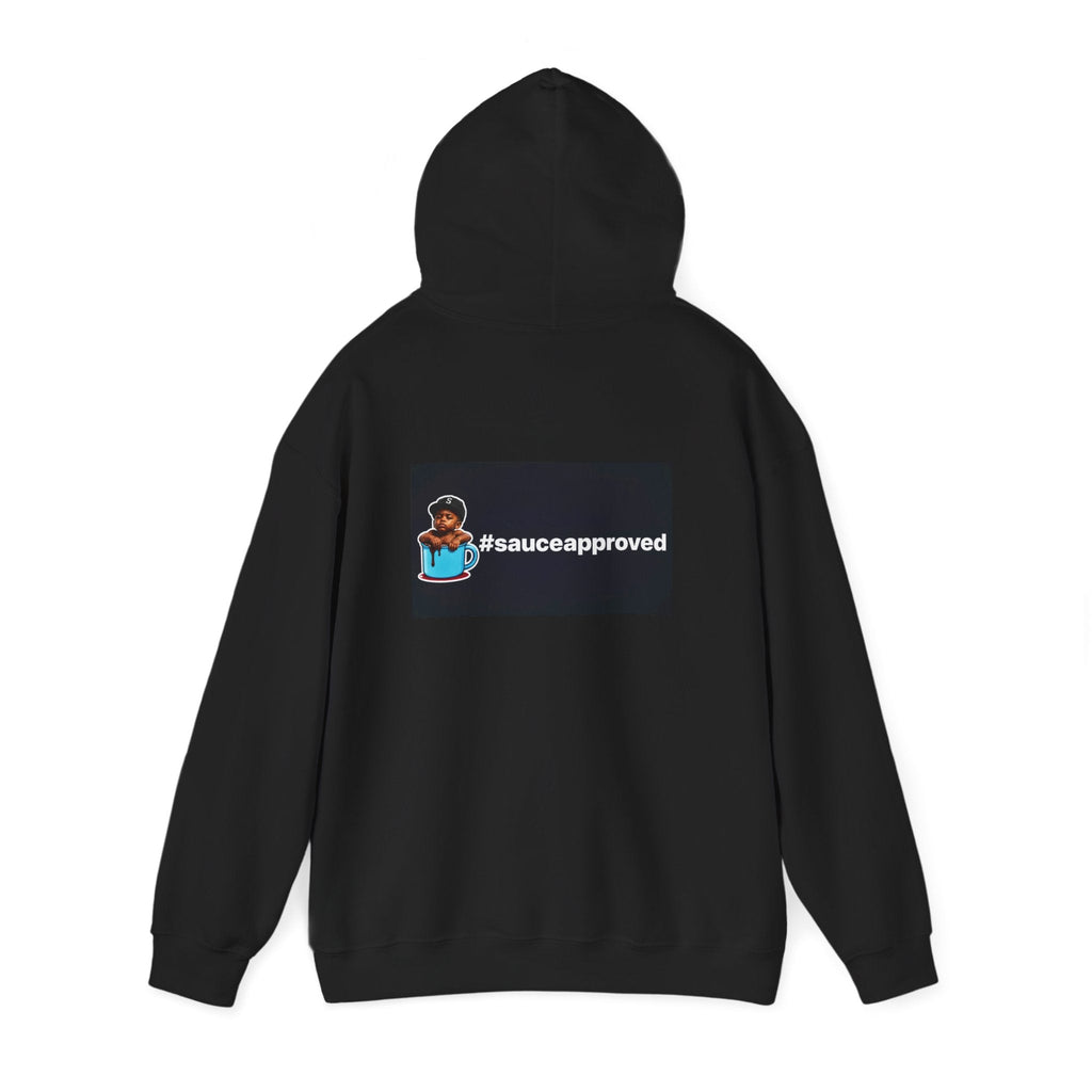 Black SauceApproved hoodie, rear view with hood raised