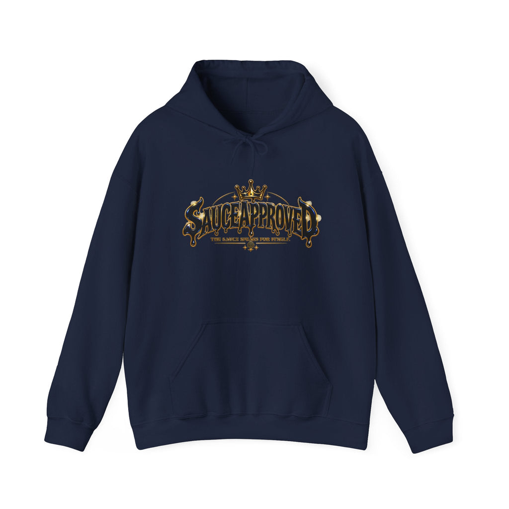 Navy SauceApproved hoodie, front with crowned wordmark graphic