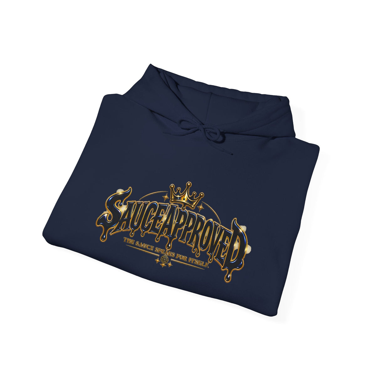 Folded Navy SauceApproved hoodie showing front wordmark