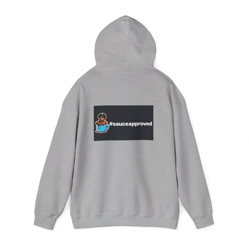 Sport Grey SauceApproved hoodie, rear view with hood raised