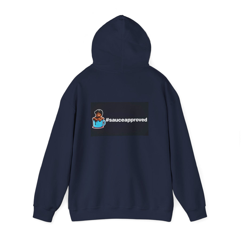 Navy SauceApproved hoodie, rear view with hood raised
