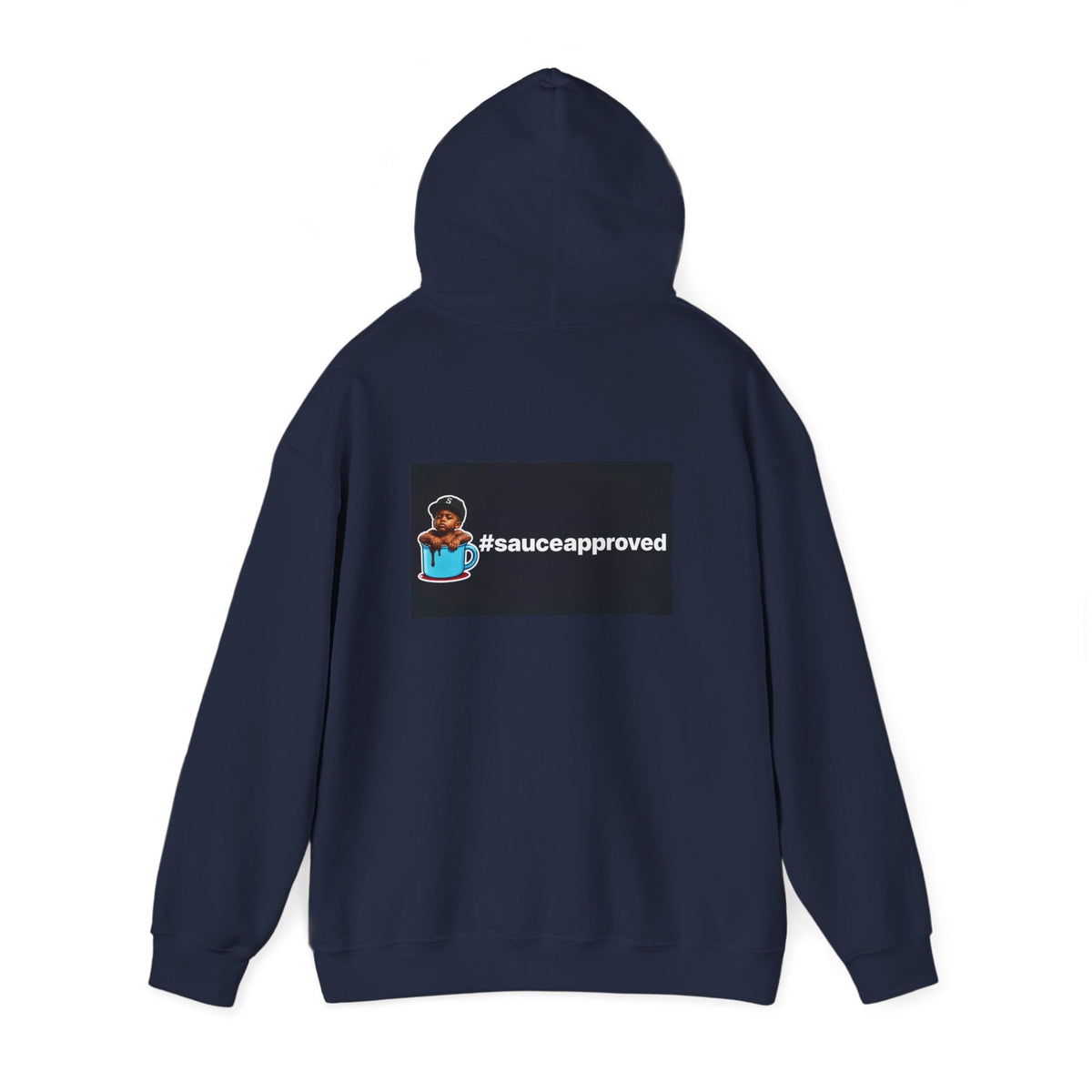 Navy SauceApproved hoodie, rear view with hood raised