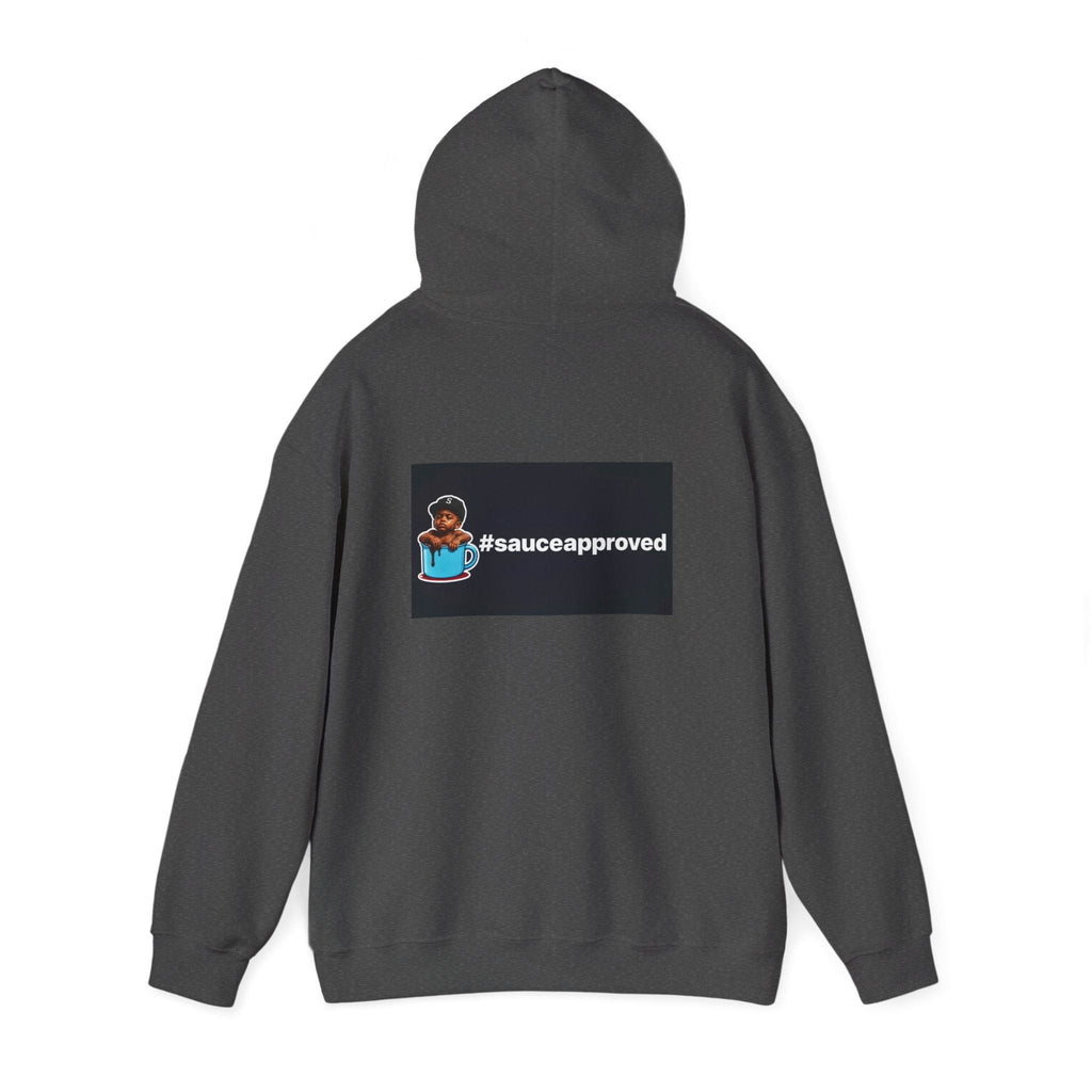 Dark Heather SauceApproved hoodie, rear view with hood raised