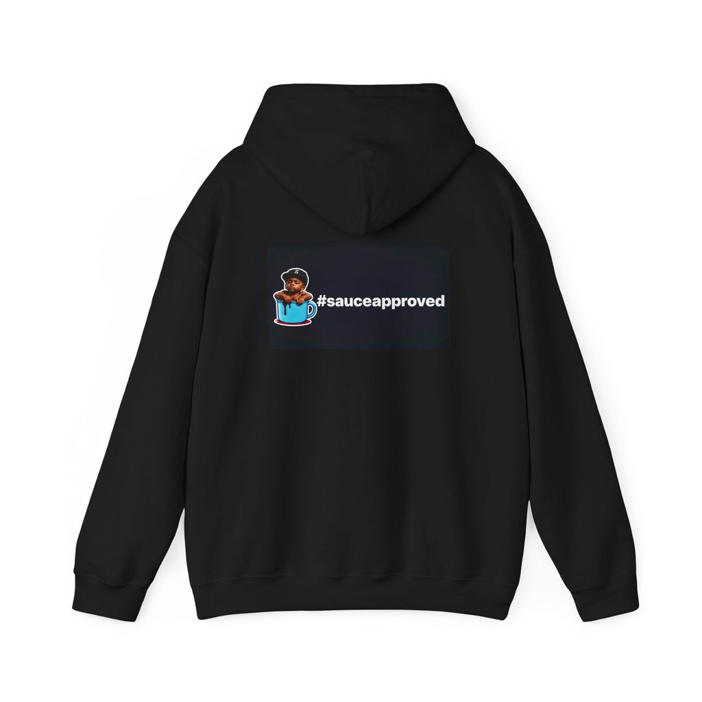 Black SauceApproved hoodie, back with boy-in-the-cup and #sauceapproved artwork