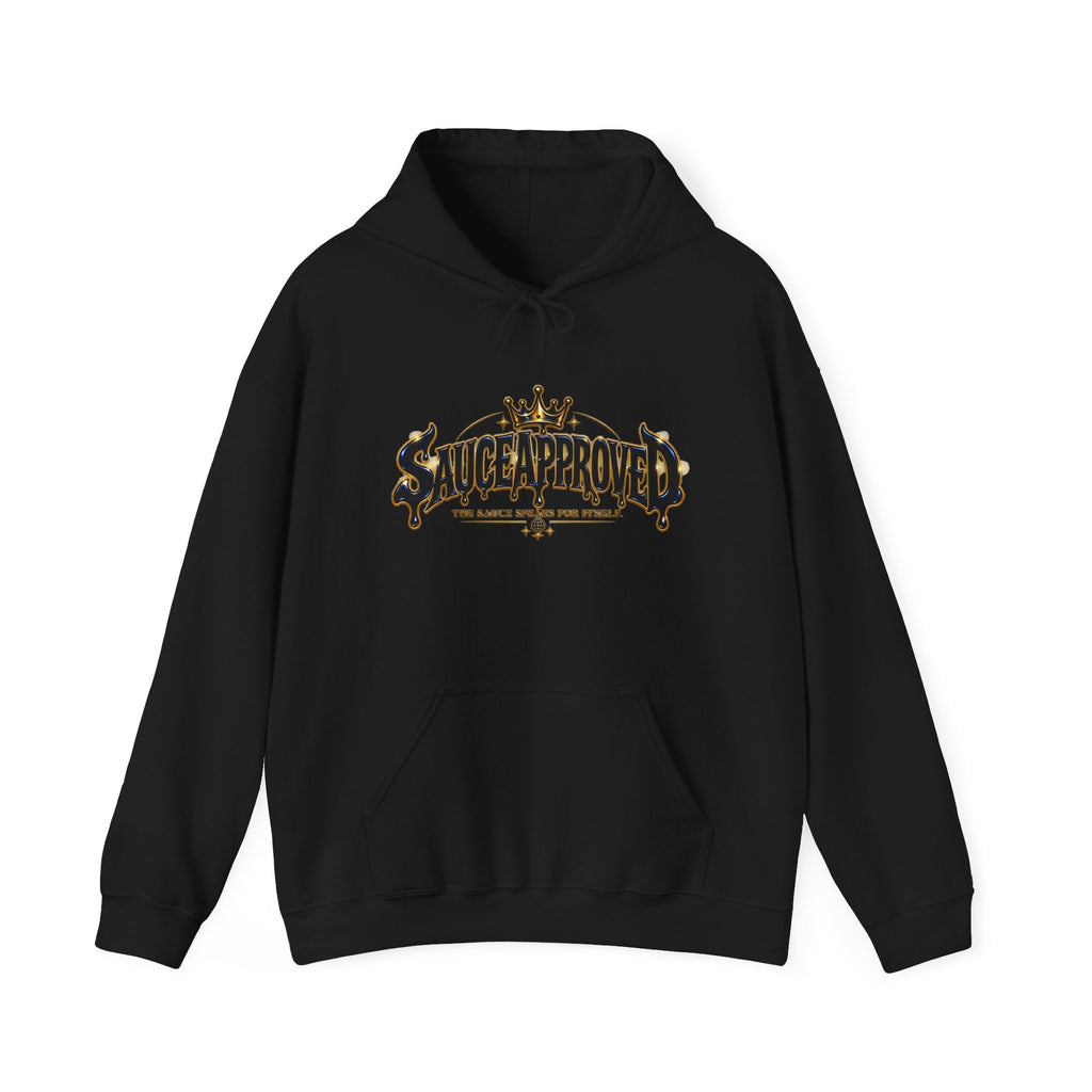 Black SauceApproved hoodie, front with crowned wordmark graphic